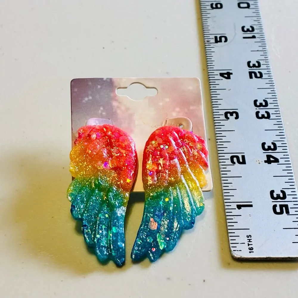 Rainbow Angel Wing Earrings Glitter Resin Statement Fairycore Pride Jewelry